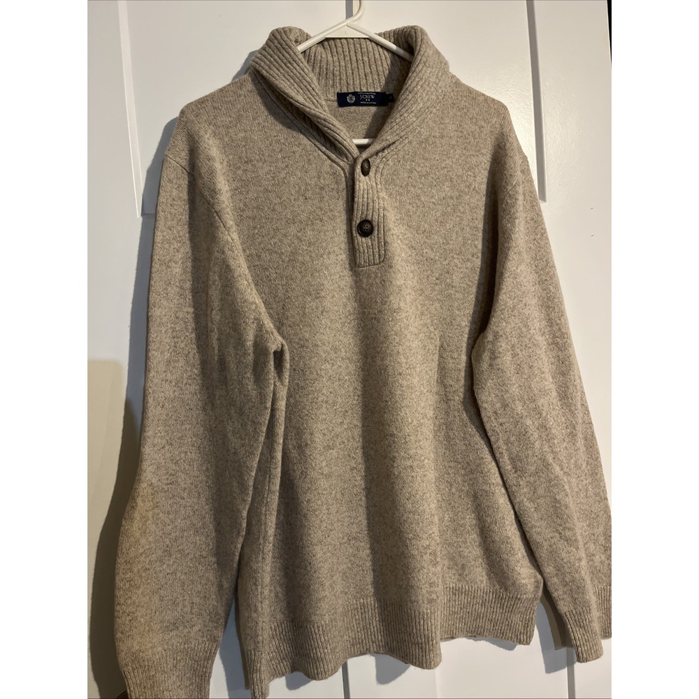 J Crew Sweater Men's XL Tan 100% Lambswool Shawl Collar Vintage Pullover Sweater